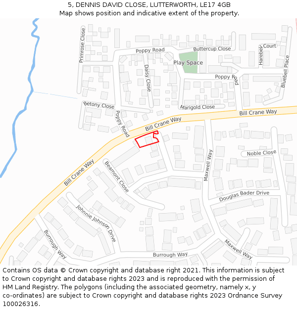 5, DENNIS DAVID CLOSE, LUTTERWORTH, LE17 4GB: Location map and indicative extent of plot