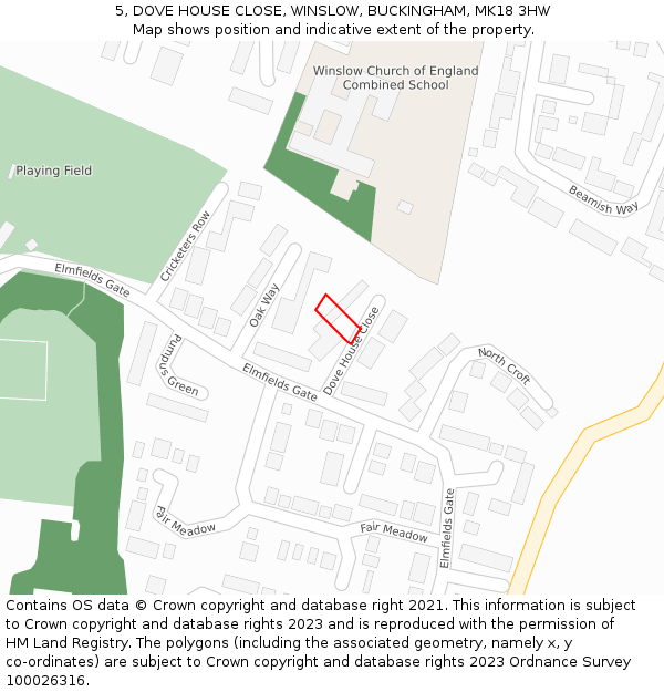 5, DOVE HOUSE CLOSE, WINSLOW, BUCKINGHAM, MK18 3HW: Location map and indicative extent of plot