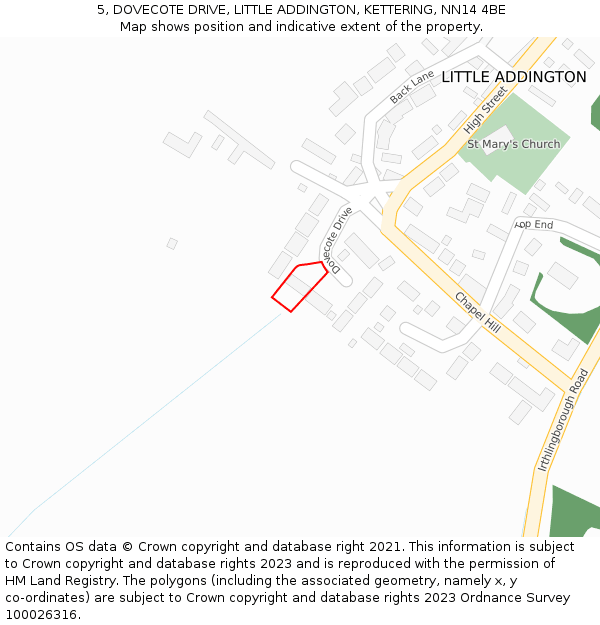 5, DOVECOTE DRIVE, LITTLE ADDINGTON, KETTERING, NN14 4BE: Location map and indicative extent of plot