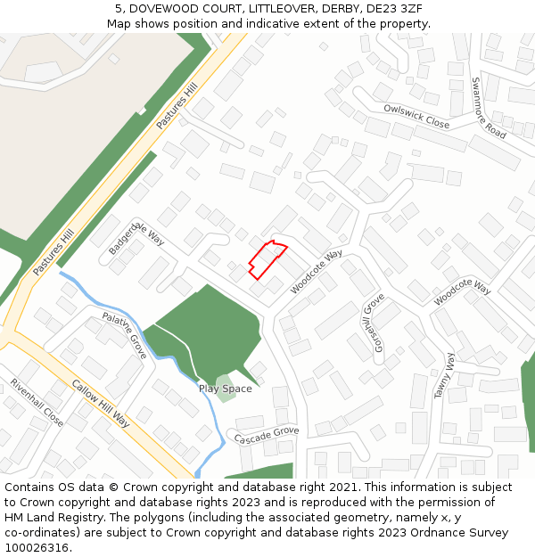 5, DOVEWOOD COURT, LITTLEOVER, DERBY, DE23 3ZF: Location map and indicative extent of plot