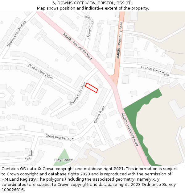5, DOWNS COTE VIEW, BRISTOL, BS9 3TU: Location map and indicative extent of plot