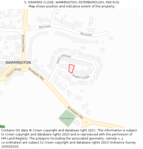 5, DRAPERS CLOSE, WARMINGTON, PETERBOROUGH, PE8 6UQ: Location map and indicative extent of plot