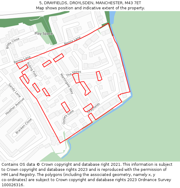 5, DRAYFIELDS, DROYLSDEN, MANCHESTER, M43 7ET: Location map and indicative extent of plot