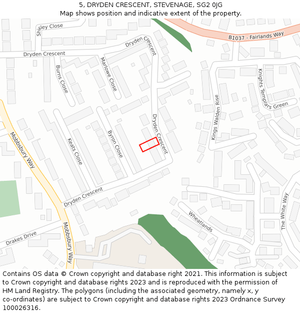 5, DRYDEN CRESCENT, STEVENAGE, SG2 0JG: Location map and indicative extent of plot