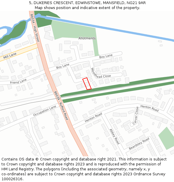 5, DUKERIES CRESCENT, EDWINSTOWE, MANSFIELD, NG21 9AR: Location map and indicative extent of plot