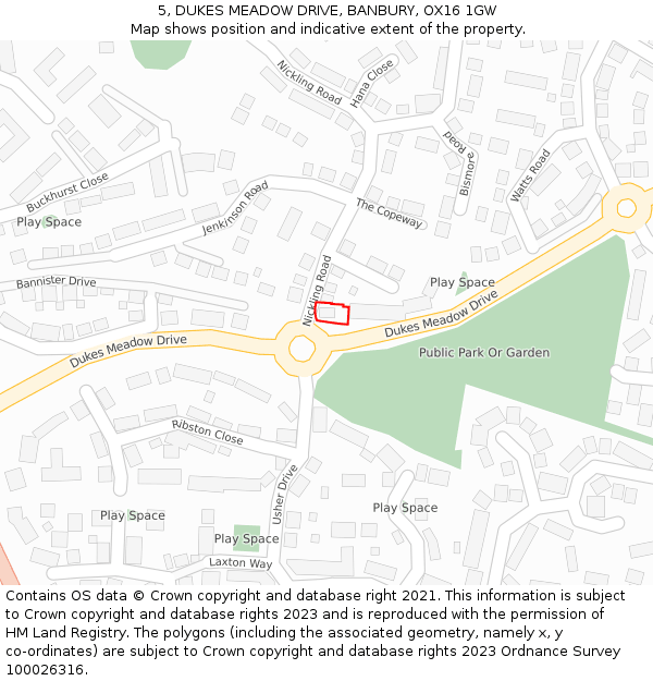 5, DUKES MEADOW DRIVE, BANBURY, OX16 1GW: Location map and indicative extent of plot