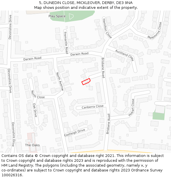 5, DUNEDIN CLOSE, MICKLEOVER, DERBY, DE3 9NA: Location map and indicative extent of plot