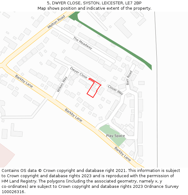 5, DWYER CLOSE, SYSTON, LEICESTER, LE7 2BP: Location map and indicative extent of plot