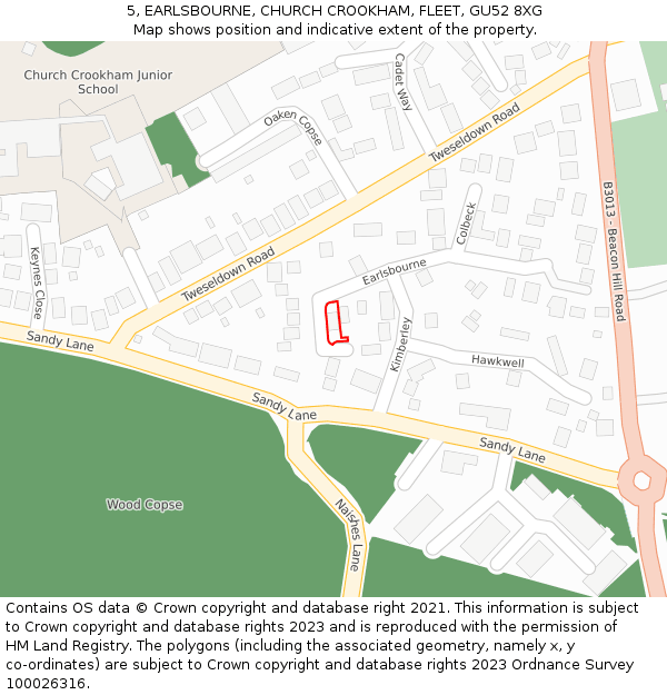 5, EARLSBOURNE, CHURCH CROOKHAM, FLEET, GU52 8XG: Location map and indicative extent of plot