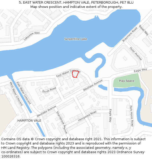 5, EAST WATER CRESCENT, HAMPTON VALE, PETERBOROUGH, PE7 8LU: Location map and indicative extent of plot