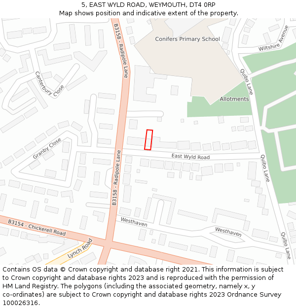 5, EAST WYLD ROAD, WEYMOUTH, DT4 0RP: Location map and indicative extent of plot