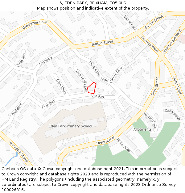 5, EDEN PARK, BRIXHAM, TQ5 9LS: Location map and indicative extent of plot