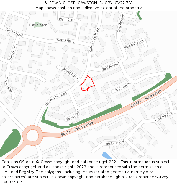 5, EDWIN CLOSE, CAWSTON, RUGBY, CV22 7FA: Location map and indicative extent of plot