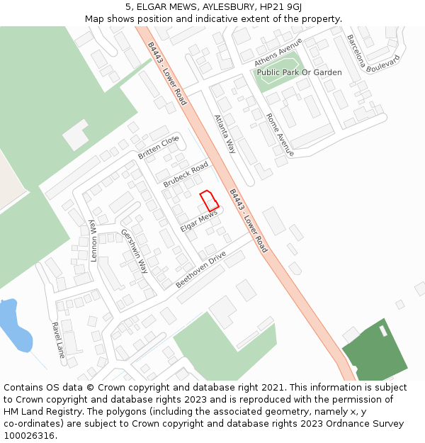5, ELGAR MEWS, AYLESBURY, HP21 9GJ: Location map and indicative extent of plot