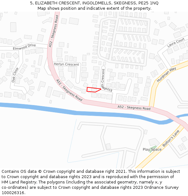 5, ELIZABETH CRESCENT, INGOLDMELLS, SKEGNESS, PE25 1NQ: Location map and indicative extent of plot