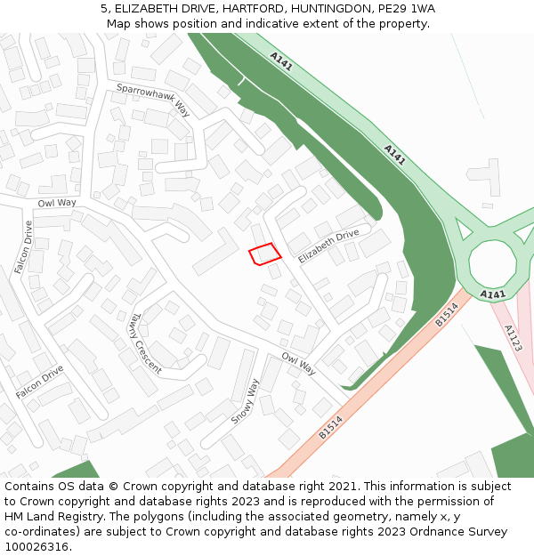 5, ELIZABETH DRIVE, HARTFORD, HUNTINGDON, PE29 1WA: Location map and indicative extent of plot