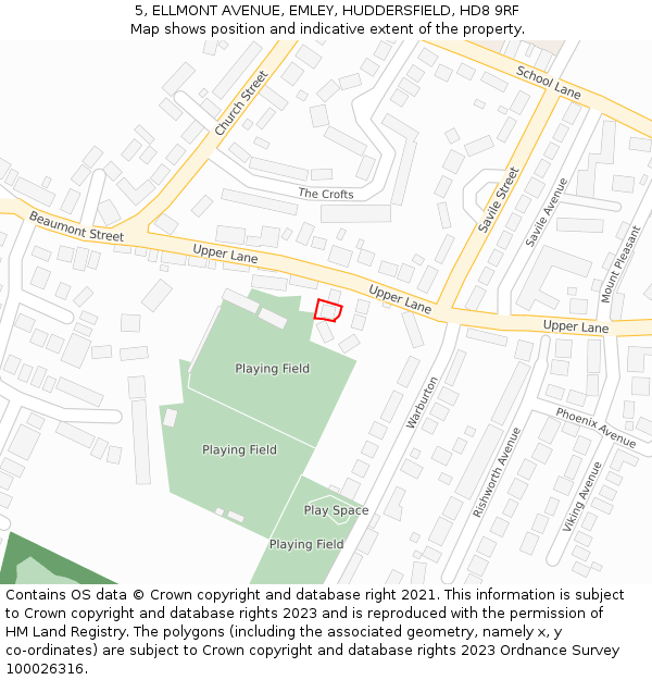5, ELLMONT AVENUE, EMLEY, HUDDERSFIELD, HD8 9RF: Location map and indicative extent of plot