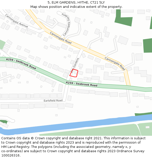 5, ELM GARDENS, HYTHE, CT21 5LY: Location map and indicative extent of plot