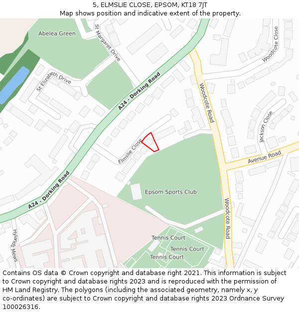 5, ELMSLIE CLOSE, EPSOM, KT18 7JT: Location map and indicative extent of plot
