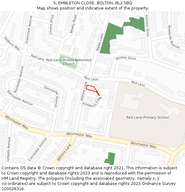 5, EMBLETON CLOSE, BOLTON, BL2 5BQ: Location map and indicative extent of plot