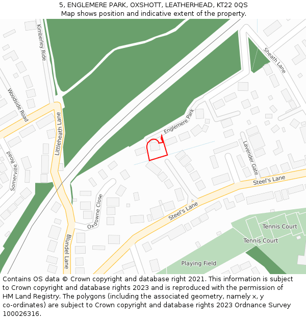 5, ENGLEMERE PARK, OXSHOTT, LEATHERHEAD, KT22 0QS: Location map and indicative extent of plot