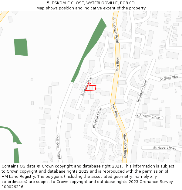 5, ESKDALE CLOSE, WATERLOOVILLE, PO8 0DJ: Location map and indicative extent of plot