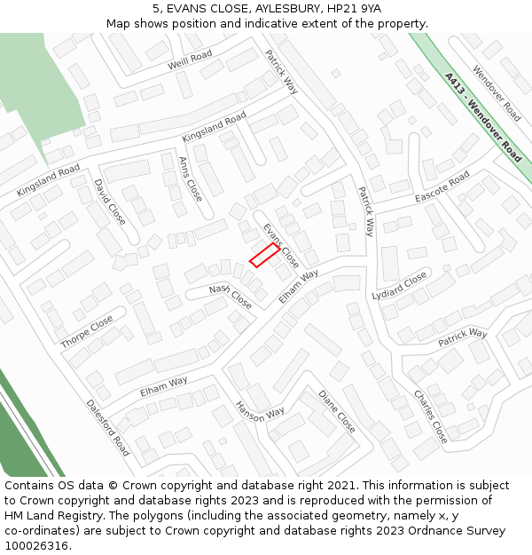5, EVANS CLOSE, AYLESBURY, HP21 9YA: Location map and indicative extent of plot