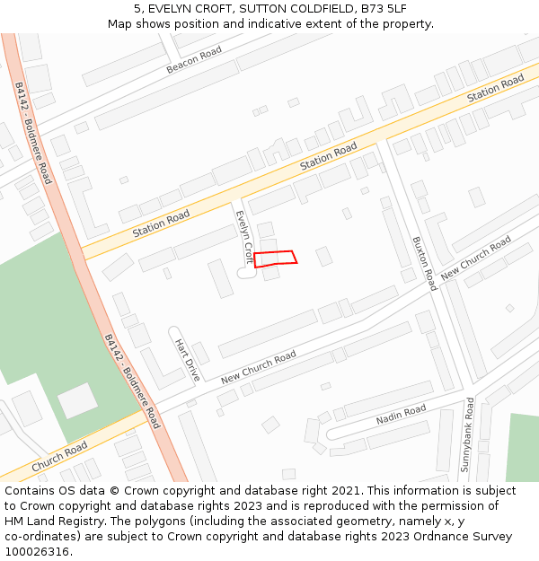 5, EVELYN CROFT, SUTTON COLDFIELD, B73 5LF: Location map and indicative extent of plot