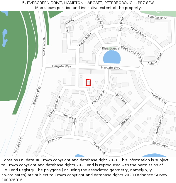 5, EVERGREEN DRIVE, HAMPTON HARGATE, PETERBOROUGH, PE7 8FW: Location map and indicative extent of plot