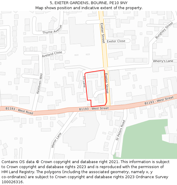 5, EXETER GARDENS, BOURNE, PE10 9NY: Location map and indicative extent of plot