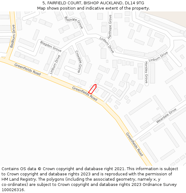 5, FAIRFIELD COURT, BISHOP AUCKLAND, DL14 9TG: Location map and indicative extent of plot