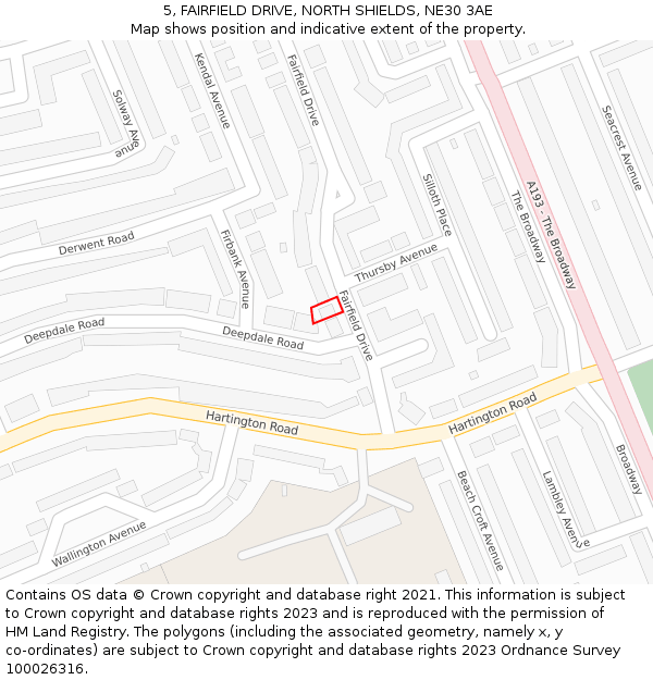 5, FAIRFIELD DRIVE, NORTH SHIELDS, NE30 3AE: Location map and indicative extent of plot