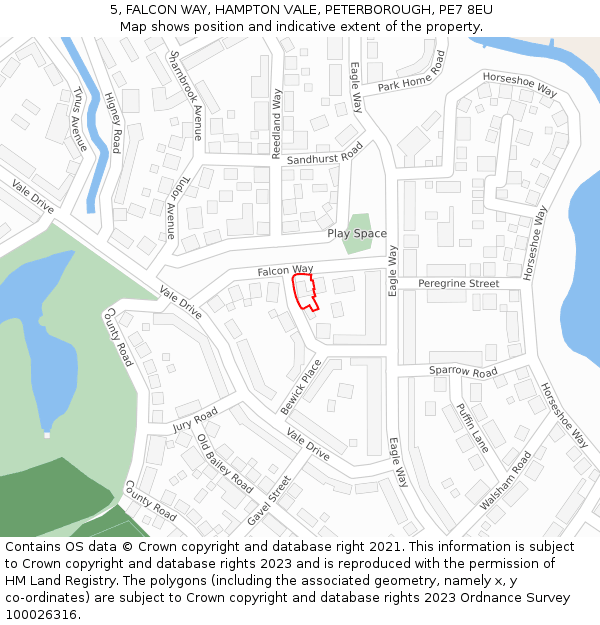5, FALCON WAY, HAMPTON VALE, PETERBOROUGH, PE7 8EU: Location map and indicative extent of plot