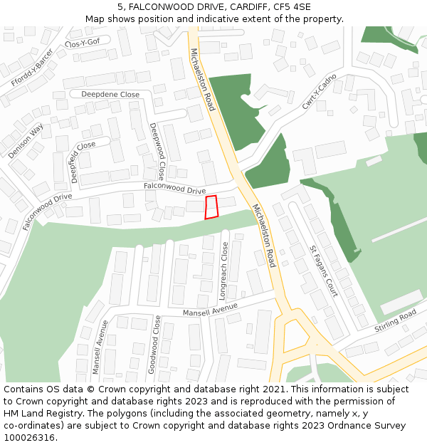5, FALCONWOOD DRIVE, CARDIFF, CF5 4SE: Location map and indicative extent of plot