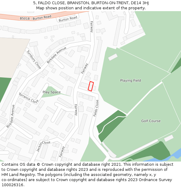5, FALDO CLOSE, BRANSTON, BURTON-ON-TRENT, DE14 3HJ: Location map and indicative extent of plot