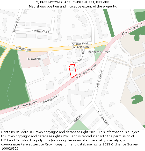 5, FARRINGTON PLACE, CHISLEHURST, BR7 6BE: Location map and indicative extent of plot