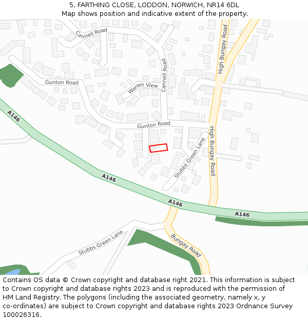 5, FARTHING CLOSE, LODDON, NORWICH, NR14 6DL: Location map and indicative extent of plot