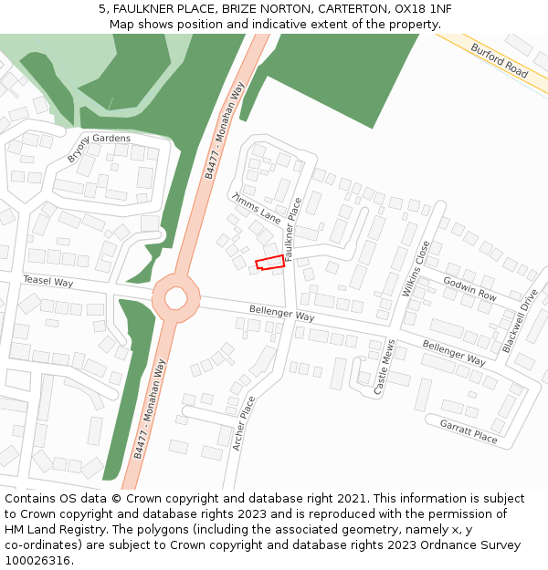 5, FAULKNER PLACE, BRIZE NORTON, CARTERTON, OX18 1NF: Location map and indicative extent of plot
