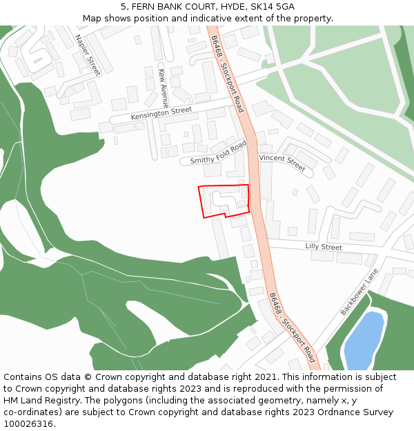 5, FERN BANK COURT, HYDE, SK14 5GA: Location map and indicative extent of plot