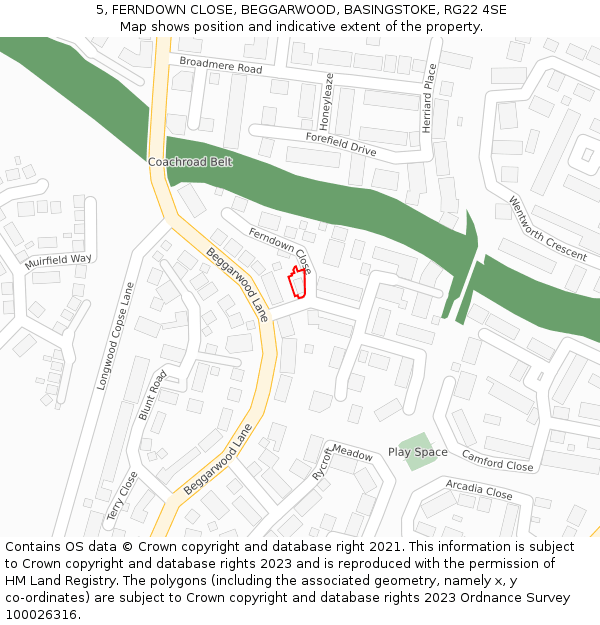 5, FERNDOWN CLOSE, BEGGARWOOD, BASINGSTOKE, RG22 4SE: Location map and indicative extent of plot