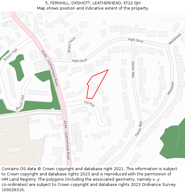5, FERNHILL, OXSHOTT, LEATHERHEAD, KT22 0JH: Location map and indicative extent of plot