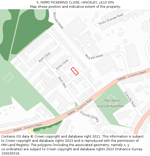 5, FERRY PICKERING CLOSE, HINCKLEY, LE10 0YN: Location map and indicative extent of plot