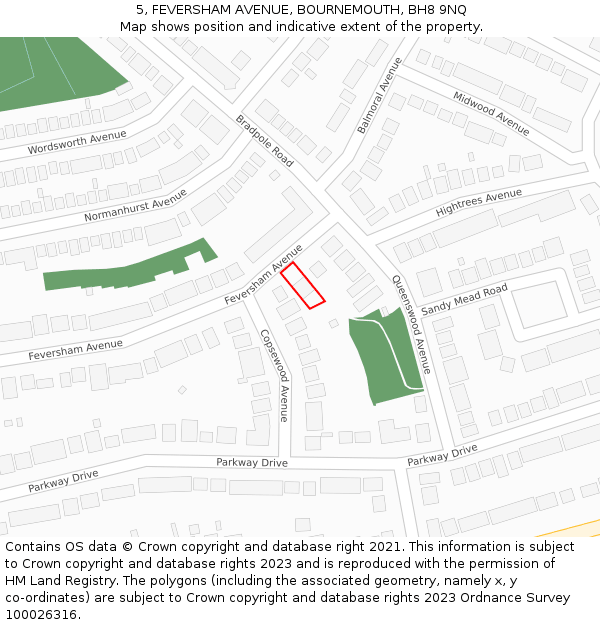 5, FEVERSHAM AVENUE, BOURNEMOUTH, BH8 9NQ: Location map and indicative extent of plot