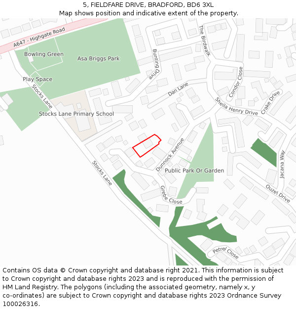 5, FIELDFARE DRIVE, BRADFORD, BD6 3XL: Location map and indicative extent of plot