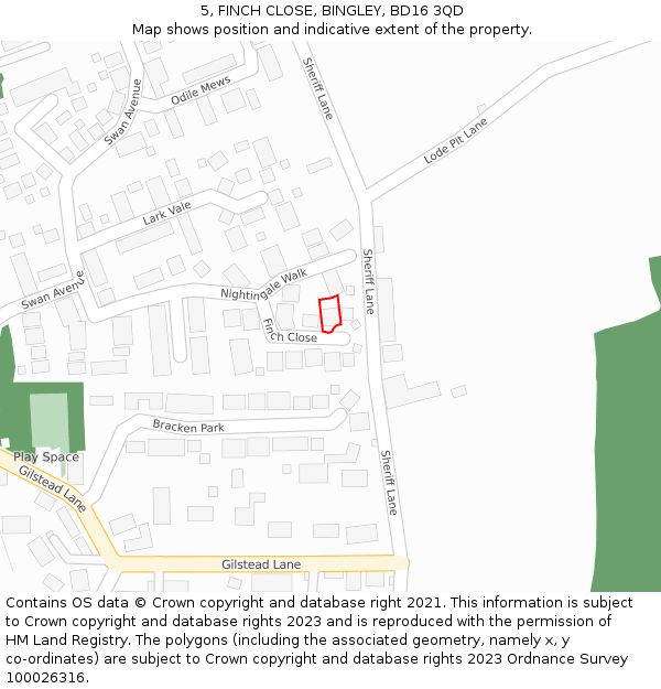 5, FINCH CLOSE, BINGLEY, BD16 3QD: Location map and indicative extent of plot