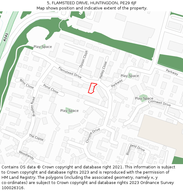 5, FLAMSTEED DRIVE, HUNTINGDON, PE29 6JF: Location map and indicative extent of plot