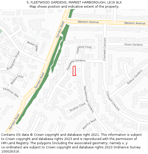 5, FLEETWOOD GARDENS, MARKET HARBOROUGH, LE16 9LX: Location map and indicative extent of plot
