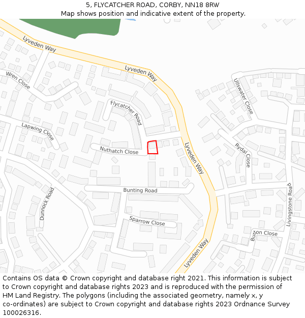 5, FLYCATCHER ROAD, CORBY, NN18 8RW: Location map and indicative extent of plot