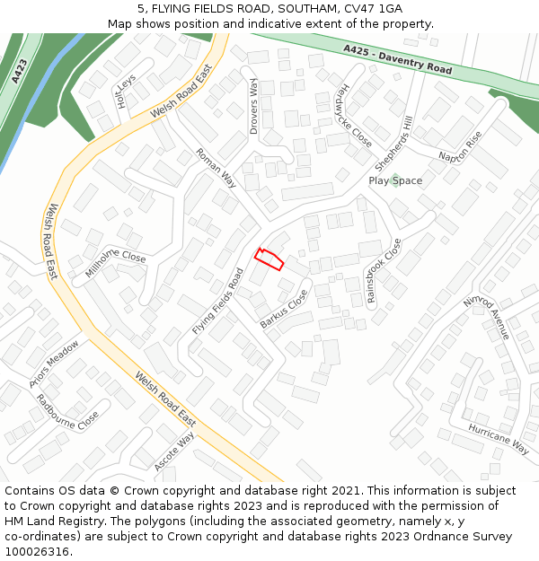 5, FLYING FIELDS ROAD, SOUTHAM, CV47 1GA: Location map and indicative extent of plot