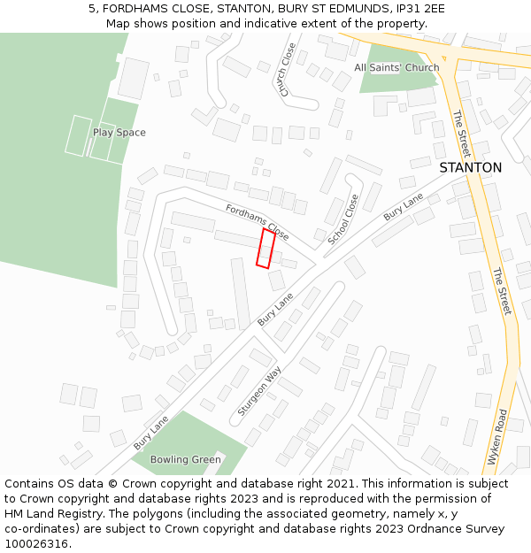 5, FORDHAMS CLOSE, STANTON, BURY ST EDMUNDS, IP31 2EE: Location map and indicative extent of plot